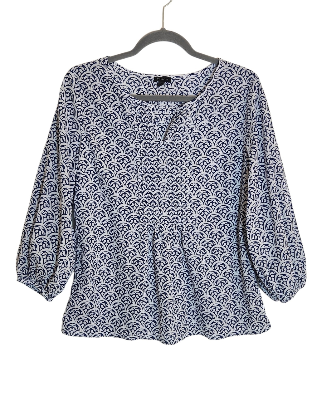 Talbots Blue and White Print Pintuck Cotton Blouse Size Small